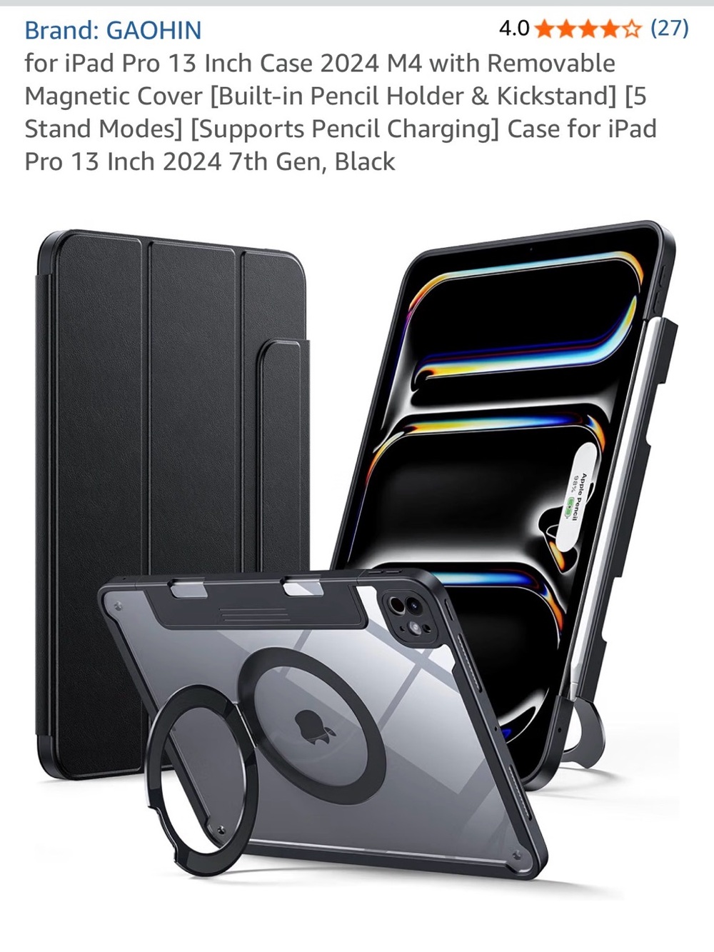 Black iPad Pro 13 Case with Magnetic Cover & Kickstand